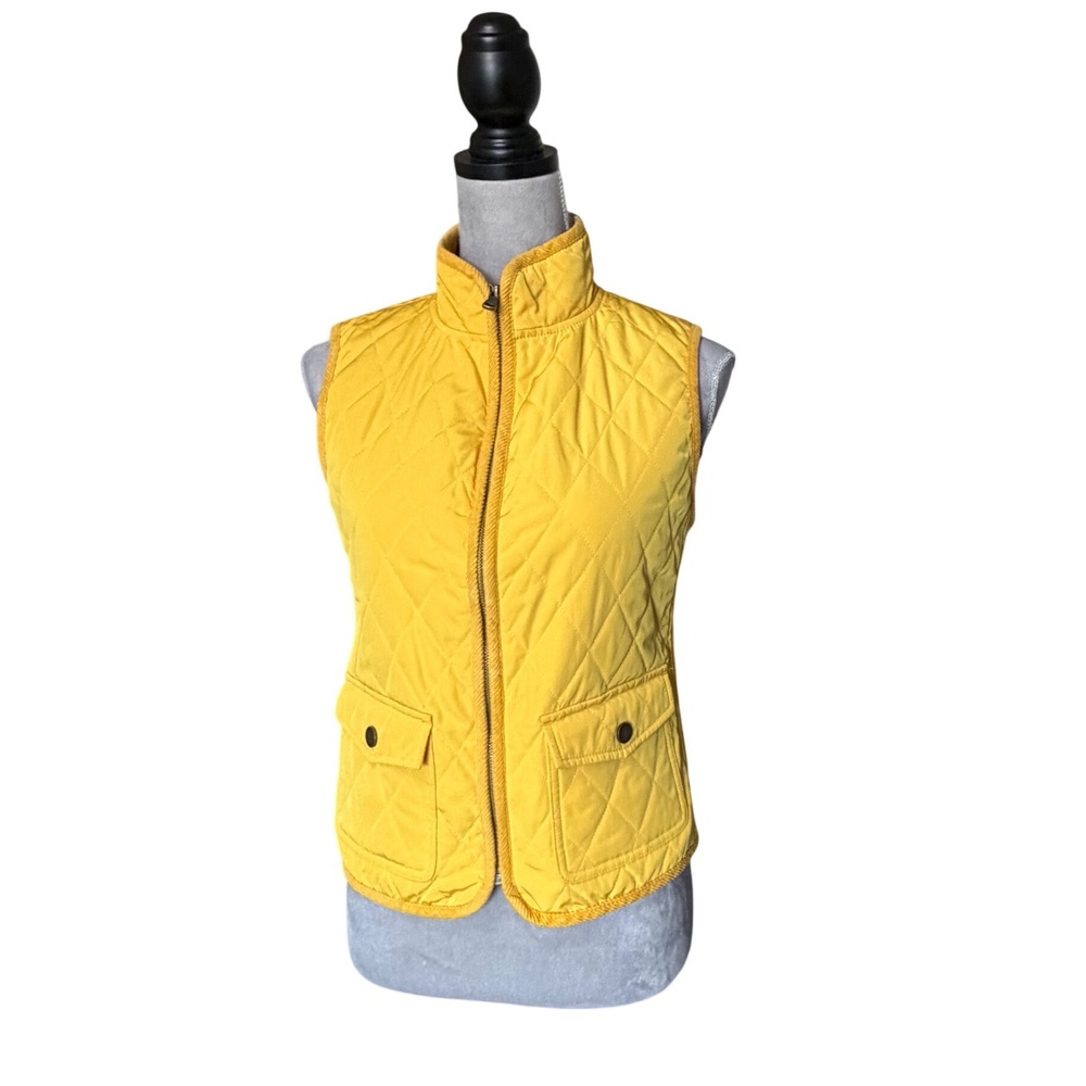 Yellow Quilted Puffer Vest Full Zip Stand Collar Ribbed Sides Equestrian Style
